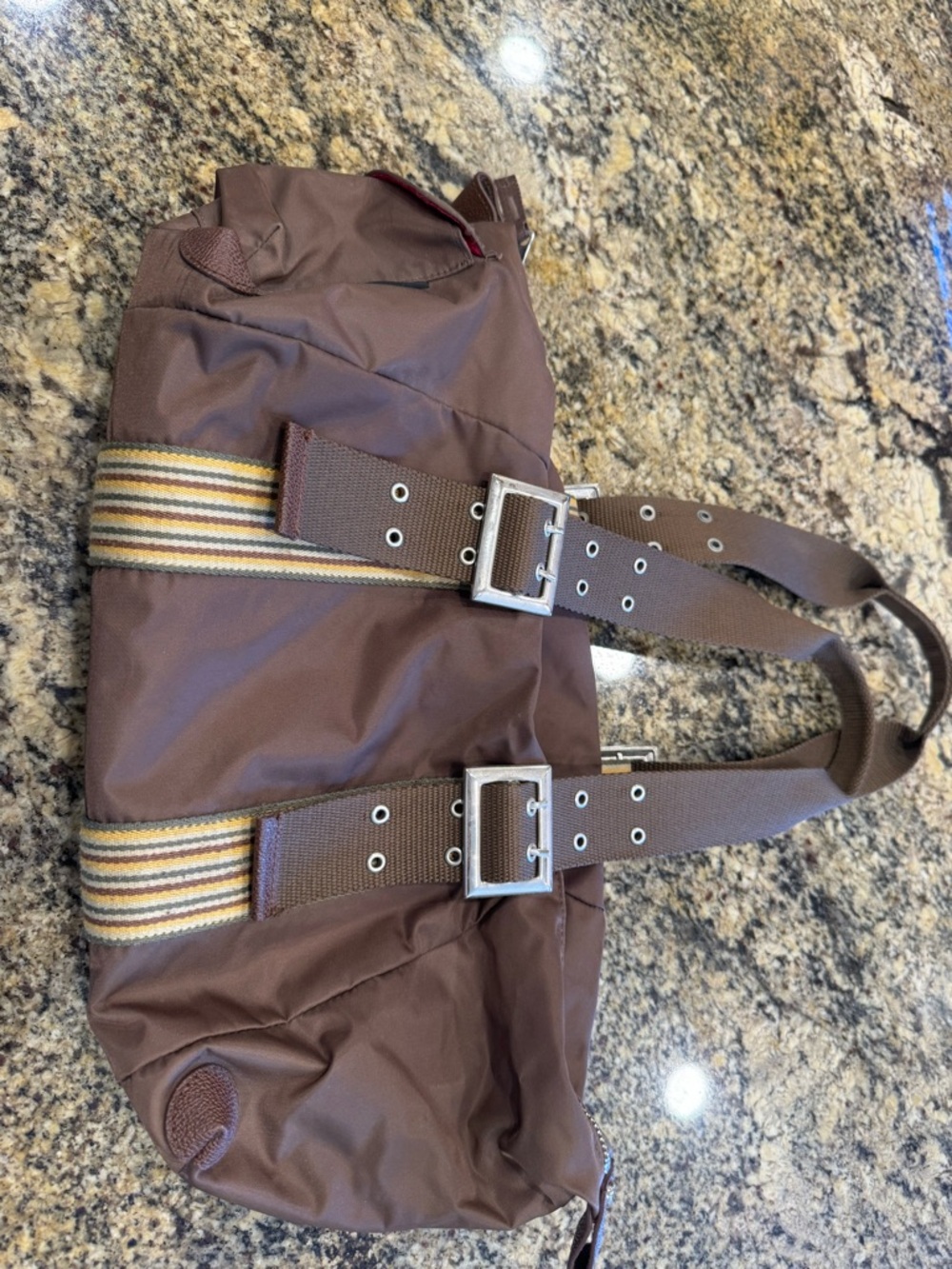 Designer Brown Nylon women’s Shoulder Bag with Striped Accent